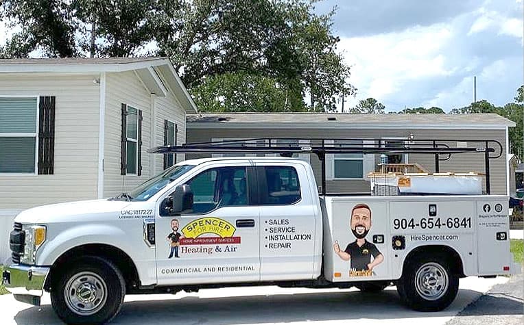 Spencer For Hire Home Improvement Services Heating and Air Truck in front of clean house remodel